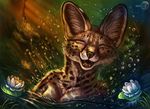 2016 anthro black_nose breasts day detailed detailed_background eyes_closed feline female flashw forest fur inner_ear_fluff mammal outside partially_submerged river serval solo spots spotted_fur tan_fur tree water 