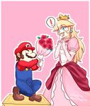  1girl blonde_hair brown_hair closed_eyes couple dress facial_hair flower hat hetero kaidou_mitsuki long_hair mario mario_(series) mustache pink_dress princess_peach super_mario_bros. 