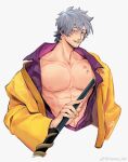  1boy bara bare_pectorals buddy_mission_bond coat cropped_legs facial_hair grey_hair gunshot_wound highres looking_at_viewer male_focus mokuma_(buddy_mission_bond) mustache nipples parted_lips pectorals purple_shirt shirt short_hair simple_background solo v-taper vamos_mk white_background yellow_coat 