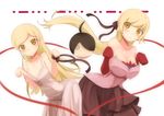  2girls araragi_koyomi artist_request bakemonogatari bare_shoulders blonde_hair breasts cleavage collarbone dress dual_persona elbow_gloves gloves gradient_background kiss-shot_acerola-orion_heart-under-blade loli long_hair looking_at_viewer monogatari_(series) multiple_girls yellow_eyes 