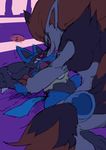  2015 anthro black_fur blue_fur canine domination drooling duo fur grey_fur japanese japanese_text lucario male male/male mammal nintendo nude open_mouth pok&eacute;mon red_fur saliva smile teeth text tongue tongue_out urocos video_games zoroark 