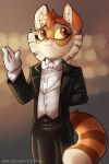 2024 2:3 anthro black_tie_(suit) bluecoffeedog bow_tie calvin_mcmurray classy clothing cuffs_(clothing) domestic_cat felid feline felis fur gesture gloves hand_behind_back handwear hi_res lackadaisy looking_aside male mammal orange_body orange_fur smile solo standing suit waving white_clothing white_gloves white_handwear