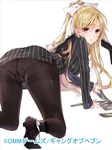  :o all_fours ass blonde_hair bow cameltoe crotch_seam formal gang_of_heaven hair_bow high_heels long_hair looking_back official_art panties panties_under_pantyhose pantyhose pinstripe_suit ponytail purple_eyes ripu_(sherypton) solo striped suit thighband_pantyhose underwear 