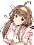  1girl admiral_(kantai_collection) ahoge aikawa_ryou alternate_costume arm_holding blush breasts brown_hair casual cleavage closed_mouth collarbone commentary_request double_bun epaulettes fingernails from_above hand_on_another's_arm headgear heart highres jacket kantai_collection kongou_(kantai_collection) large_breasts long_hair pink_jacket purple_eyes shirt simple_background smile uniform white_background white_shirt 