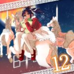 1girl black_hair blue_eyes carousel closed_mouth eden_no_ori full_moon holding holding_sketchbook isurugi_miina_(real) long_sleeves mary_janes moon pleated_skirt red_shirt red_shoes ribbon shirt shoes sidesaddle sketchbook skirt sky star_(sky) starry_sky thighhighs twintails wattant white_ribbon white_skirt white_thighhighs 