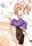  :d araragikoyomis atelier_(series) atelier_escha_&amp;_logy black_skirt bracelet braid derivative_work escha_malier feathers full_body gem green_eyes hat highres jewelry looking_at_viewer open_mouth pink_hair shirt short_hair skirt smile solo staff tail thighhighs twintails white_legwear 