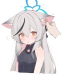  1girl animal_ear_fluff animal_ears black_dress black_hair black_ribbon blue_archive blue_halo blush breasts brown_eyes china_dress chinese_clothes collarbone dress embarrassed grabbing_another&#039;s_ear grey_hair hair_between_eyes hair_ribbon halo hand_on_another&#039;s_ear highres kokona_(blue_archive) long_hair looking_at_viewer multicolored_hair parted_lips ribbon simple_background small_breasts solo_focus streaked_hair tiger_ears tntl_nemui translation_request upper_body very_long_hair white_background 