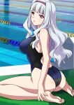  1girl absurdres ass barefoot black_one-piece_swimsuit commentary_request commission competition_swimsuit grey_hair hairband highres idolmaster lane_line long_hair looking_at_viewer looking_back one-piece_swimsuit pixiv_commission pool poolside racerback red_eyes red_hairband shijou_takane sitting solo swimsuit wariza yuuyuu_(3jjbn) 