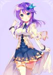  anemone_(flower_knight_girl) blue_skirt blush capelet cowboy_shot flower_knight_girl houzuki_michiru looking_at_viewer purple_background purple_hair shirt short_hair skirt smile solo thighhighs wrist_extended wrist_flexed yellow_eyes zettai_ryouiki 