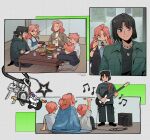  2boys 3girls ^_^ absurdres age_difference ahoge amplifier arm_up artist_name audio_cable beamed_eighth_notes black_eyes black_hair black_hoodie black_jacket black_pants black_socks blue_dress blush bowl breast_pocket brother_and_sister brothers brown_jacket cable camera carabiner cargo_pants chabudai_(table) charm_(object) chopsticks closed_eyes commentary cup dated dress eating eighth_note electric_guitar english_commentary family from_behind full_body grey_eyes grey_sweater grid_background guitar guitar_strap hair_bun hair_ornament hair_scrunchie halftone hanten_(clothes) highres holding holding_bowl holding_camera holding_chopsticks hood hood_down hoodie indoors instrument jacket jewelry key kininatteru_hito_ga_otoko_ja_nakatta koga_mitsuki layered_sleeves light_smile long_hair long_sleeves looking_at_another miso_soup mother_and_daughter mother_and_son multiple_boys multiple_girls multiple_views musical_note necklace no_strings omnlet oosawa_aiko oosawa_aki oosawa_amu oosawa_aya pants parted_bangs pinafore_dress pink_hair plate playing_guitar pocket poster_(object) scrunchie seiza shirt short_hair short_over_long_sleeves short_sleeves siblings single_hair_bun sitting sleeveless sleeveless_dress socks standing sweater table taking_picture the_beatles tomboy topknot upper_body white_shirt wooden_floor yamaha_pacifica 