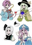 4girls black_bow black_bowtie black_eyes black_hairband black_hat blue_dress blue_hat blue_shirt bow bowtie closed_mouth collared_shirt dress flower frilled_shirt_collar frilled_sleeves frills green_hair green_vest hair_ornament hairband hat hat_ribbon heart heart_hair_ornament highres komeiji_koishi komeiji_satori konpaku_youmu long_hair medium_hair mob_cap multiple_girls pink_flower pink_hair ribbon saigyouji_yuyuko shirt short_hair simple_background smile third_eye touhou triangular_headpiece veil vest white_background white_hair white_shirt xian_qishui yellow_ribbon yellow_shirt 