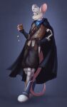 anthro arwin_(golddrake) bandolier belt boots bottomwear cheek_tuft cloak clothing coin coin_pouch dagger facial_tuft feet fluffy footwear fur grey_body grey_fur hand_on_hip hi_res holding_dagger holding_melee_weapon holding_object holding_weapon kerchief male mammal melee_weapon murid murine neckerchief neckwear oversized_bottomwear oversized_clothing oversized_pants pants pink_feet pink_hands pink_nose pouch_(clothing) rat rodent rogue shoes solo tail throwing_knife tuft weapon yumiix