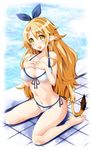  bare_legs bikini blonde_hair blue_bow bow disgaea front-tie_bikini front-tie_top full_body hair_bow highres iwasi-r liezerota long_hair looking_at_viewer makai_senki_disgaea_5 pool side-tie_bikini sitting smile solo swimsuit tail twitter_username wariza white_bikini yellow_eyes 