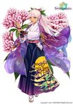  blue_hakama city_forest_online coat flower flower_knight_girl fujibakama_(flower_knight_girl) full_body hair_flower hair_ornament hakama jacket_on_shoulders japanese_clothes kimono long_hair looking_at_viewer mouth_hold object_namesake official_art pink_hair print_hakama sandals see-through solo standing tan white_background yellow_eyes 