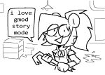 2024 anthro black_and_white buxy ceiling_lamp crate crowbar dialogue female hair half-life hev_suit holding_crowbar humor lamp mammal monochrome ponytail rodent sciurid sketch smile solo speech_bubble tools tree_squirrel valve