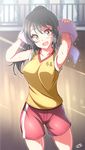  :d alternate_costume artist_name basketball_uniform black_hair breasts collarbone flying_sweatdrops gym_shorts indoors kimi_no_na_wa long_hair medium_breasts miyamizu_mitsuha open_mouth ponytail sayossa_(pak-front) shorts signature smile solo sportswear sweat towel yellow_eyes 