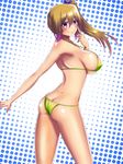  arched_back armpits ass bare_arms bare_shoulders bikini blonde_hair blue_ribbon blush breasts butt_crack closed_mouth commentary_request cowboy_shot dimples_of_venus from_side gradient_hair hair_ribbon highres index_finger_raised kawakami_mai large_breasts long_hair looking_at_viewer looking_to_the_side lowleg lowleg_bikini multicolored_hair musaigen_no_phantom_world outstretched_arm purple_hair ribbon shiny shiny_skin side_ponytail sideboob skindentation smile solo swimsuit takecha underboob yellow_bikini 