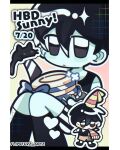  2boys animal bare_shoulders black_cat black_eyes black_hair black_shoes black_shorts black_sweater_vest black_tank_top blue_bow bow brown_shorts cake cat chibi chibi_inset chromatic_aberration colored_skin commentary dated deformed double-parted_bangs dual_persona english_commentary feet_out_of_frame flipsterzartz flower food hair_behind_ear hair_between_eyes happy_birthday hat heart highres holding holding_knife holding_plate instagram_username knees_together_feet_apart knees_up knife letterboxed male_focus mewo multiple_boys no_pupils omori omori_(omori) outline party_hat party_horn plate shirt shoes short_hair short_sleeves shorts sparkle striped_clothes striped_shorts sunny_(omori) sweater_vest tank_top two-tone_shorts vertical-striped_clothes vertical-striped_shorts very_short_hair white_flower white_outline white_shirt white_shorts white_skin 