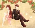  1girl arya_(tianhua) black_shirt blue_eyes brown_hair collarbone couple dress dress_shirt flower hetero kudou_shin'ichi long_hair meitantei_conan mouri_ran pink_hair red_flower red_ribbon ribbon shirt sitting sundress 