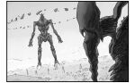  bit_(gundam) black_border bokurano border city commentary_request greyscale gundam gundam_gquuuuuux highres imminent_fight mecha mecha_focus monochrome niiyan no_humans parody psyco_gundam_(gquuuuuux) redesign robot science_fiction zearth 