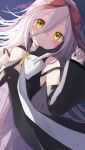  1girl absurdres bare_shoulders blush commentary_request detached_sleeves dress flat_chest hair_ribbon highres hoshizora_no_memoria long_hair looking_at_viewer mare_s._ephemeral ribbon smile solo umino_hotate white_hair yellow_eyes 