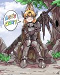  1girl animal_ears armor armored_boots bangs between_legs blonde_hair boots breastplate cape cloud covered_navel day english_text eyebrows_visible_through_hair fishnet_armwear fishnets full_body gauntlets hair_between_eyes hand_between_legs kemono_friends long_sword looking_at_viewer medium_hair outdoors rock serval_(kemono_friends) serval_ears shoulder_armor signature sitting smile solo spaulders speech_bubble sword takoongyi tree v_arms weapon weapon_on_back yellow_eyes 