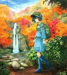  autumn_leaves backpack bag blue_eyes blue_footwear blue_hair boots cloud day grass hair_bobbles hair_ornament hat hill kawashiro_nitori key looking_at_viewer looking_to_the_side marker_(medium) millipen_(medium) mixed_media outdoors rock rubber_boots scenery shiratama_(hockey) short_hair sky smile solo touhou traditional_media tree two_side_up walking water waterfall 