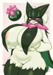 absurd_res anthro big_breasts blush breasts cute_fangs fangs female fur generation_9_pokemon genitals green_body green_fur hi_res huge_breasts looking_at_viewer meowscarada nintendo open_mouth pink_eyes pokemon pokemon_(species) pussy solo tailzkim teeth