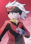  1boy alternate_color alternate_hairstyle artist_name black_eyes black_headband black_shirt brendan_(pokemon) closed_mouth commentary dust fingerless_gloves from_side gloves headband highres holding holding_poke_ball jacket light_frown long_sleeves looking_to_the_side male_focus no_headwear poke_ball poke_ball_(basic) poke_ball_print pokemon pokemon_rse print_headband print_headwear rascal_(feuille) red_background red_shirt shirt short_hair sidelocks sketch solo standing twitter_username two-tone_shirt upper_body white_hair yellow_gloves 