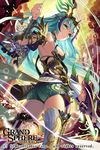  armor blue_hair boots breasts copyright_name eyebrows eyebrows_visible_through_hair garter_straps grand_sphere green_eyes green_shorts hair_ornament highres holding holding_weapon long_hair looking_at_viewer matsui_hiroaki medium_breasts original shorts sideboob smile solo thigh_boots thighhighs watermark weapon 