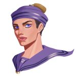 1boy atalajoestar black_hair blue_eyes commentary cropped_shoulders dixie_cup_hat english_commentary freckles hat higashikata_josuke_(jojolion) highres jojo_no_kimyou_na_bouken jojolion male_focus military_hat multicolored_eyes pink_lips portrait purple_eyes purple_hat purple_sailor_collar sailor sailor_collar sailor_hat short_hair solo two-tone_eyes white_background 