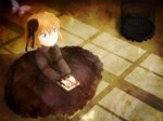  arya_(tianhua) black_dress black_flower black_ribbon blue_eyes book brown_hair dress flower gothic_lolita haibara_ai hair_flower hair_ornament hair_ribbon lolita_fashion meitantei_conan ribbon short_hair sitting solo 