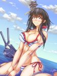  bare_shoulders bikini black_hair breasts cleavage clenched_teeth hair_ornament hair_ribbon highres kantai_collection large_breasts long_hair red_eyes ribbon short_hair short_hair_with_long_locks side-tie_bikini signature sitting solo swimsuit tears teeth turret wariza water yamashiro_(kantai_collection) zephid 