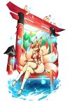 2025 absurd_res anthro arm_tuft bell bell_collar breasts canid canine chest_tuft clothing collar crossed_legs dipstick_tail drfoxxbutt eyebrows eyelashes eyes_closed feet female fingerless_gloves fox fur gloves hair hand_on_knee hand_on_leg handwear hi_res inner_ear_fluff legband mammal markings multi_tail one-piece_swimsuit red_clothing red_swimwear red_tail_tip shoulder_tuft sitting sling_bikini solo swimwear tail tail_markings tan_body tan_fur thighband toeless_legwear torii tuft water