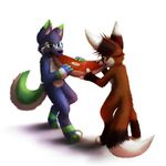  3_toes 4_fingers anthro black_nose blue_fur blue_hair brown_fur brown_hair canine digitigrade dog duo eye_contact eyebrows fur green_eyes hair male mammal meat nude simple_background standing thanshuhai toes white_background 