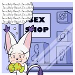 anal_beads anthro bandai_namco bianc_(el_senor_erizo) blush bodily_fluids buttplug claws clothing digimon digimon_(species) dildo english_text eyelashes felid female fur gatomon gloves handwear hi_res mammal mr_harinezumi plug_(sex_toy) sex_shop sex_toy smile solo store sweat tail text thought_bubble white_body white_fur