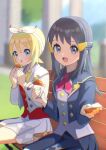  2girls akari_(pokemon) ako_(rawhji0rdbsmzf7) badge bench black_hair blonde_hair blue_eyes blue_jacket blue_skirt blurry blurry_background bow bow_hairband buttons commentary contemporary cosplay diamond_button food food_wrapper grey_shirt hair_ornament hairband highres holding holding_food imomochi incoming_gift irida_(pokemon) jacket long_hair looking_at_viewer multiple_girls neckerchief open_clothes open_jacket open_mouth outdoors pink_neckerchief pleated_skirt pokemon pokemon_legends:_arceus pokemon_masters_ex red_shirt rosa_(academy)_(pokemon) rosa_(pokemon) rosa_(pokemon)_(cosplay) school_uniform shirt short_hair sitting skirt smile watermark white_bow white_hairband white_jacket white_skirt 