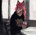  beverage cafe canine chair clothing female hair mammal nayshie pink_hair sitting solo table whiskers window 