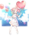  1girl 417_(ionxx417) ;d ankle_bow ankle_ribbon ankle_strap balloon bang_dream! bangs blue_ribbon blurry blurry_background blush bow bracelet choker dress frilled_dress frills full_body hair_bow hairband heart_balloon holding_balloon jewelry long_sleeves looking_at_viewer maruyama_aya one_eye_closed open_mouth pink_eyes pink_hair ribbon see-through_sleeves sidelocks smile solo twintails white_choker white_dress white_footwear 