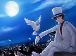  arya_(tianhua) bird black_hair feathers formal gloves hat kaitou_kid magic_kaito male_focus monocle moon necktie night outdoors red_neckwear solo suit white_gloves white_hat 