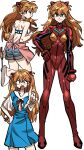 1girl apron blue_eyes blue_shorts bodysuit breasts closed_mouth commentary_request hair_between_eyes hand_on_own_hip highres holding index_finger_raised interface_headset_(evangelion) korean_commentary long_hair looking_at_viewer margare mecha_pilot_suit multiple_views neon_genesis_evangelion open_mouth orange_hair pink_apron plugsuit_(evangelion) red_bodysuit red_ribbon ribbon school_uniform shorts simple_background slippers smirk souryuu_asuka_langley standing tokyo-3_middle_school_uniform two_side_up white_background white_slippers 