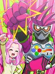  action_gamer_level_2 closed_eyes commentary_request hanami_kotoha kamen_rider kamen_rider_ex-aid kamen_rider_ex-aid_(series) long_hair mahou_girls_precure! mighty_action_x_level_2 pink_hair pose precure smile tj-type1 tsunagi_first_middle_school_uniform 