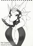 anthro artist_name big_breasts breasts bust_portrait chain chain_leash clothed clothing collar dewlap_(anatomy) dragon english_text female fin fishnet_clothing front_view hair head_fin headdress headgear headwear hi_res leash leashed_collar long_hair louness_astaria may_the_4th mythological_creature mythological_scalie mythology nipples non-mammal_breasts non-mammal_nipples portrait scalie skimpy slave solo star_wars tehotune text traditional_media_(artwork) translucent translucent_clothing