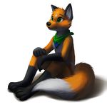  4_toes 5_fingers anthro black_nose canine fluffy fluffy_tail fox fur green_eyes male mammal nude orange_fur simple_background sitting thanshuhai toes white_background 
