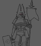 abs armor armor_plates banner big_breasts black_sclera bodysuit breast_squish breastplate breasts camel_toe clothing eyes facial_markings facial_scar female flag gloves hair half-closed_eyes hammer handwear head_markings hi_res holding_object holding_weapon leg_armor looking_away markings melee_weapon monochrome muscular muscular_female narrowed_eyes petal_hair piantan pink_eyes plant plant_hair polearm pseudo_hair quince_(quincebleene) quincebleene scar scarf scars_all_over shaded shoulder_armor shoulder_pads skinsuit smile solo solo_focus spear spiky_hair squish standing tight_clothing tools under_boob weapon