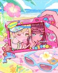  2girls beach bead_charm bead_necklace beads blonde_hair blue_nails brown_hair charm_(object) chewing_gum colorful commentary cup digital_camera dolphin drink drinking_straw english_commentary english_text eyewear_on_head flower green_eyes heisei_retro hibiscus highres jewelry looking_at_viewer lotion multiple_girls mxx025 necklace one_eye_closed original outdoors plumeria pov pov_hands rabbit sand summer sunglasses sunscreen tropical_fish v visor_cap water 