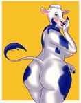  anthro big_butt blue_eyes blush bovine breasts butt cattle female fur hi_res horn lactaid lactaid_cow looking_back mammal mascot neckerchief nude open_mouth raised_tail rear_view simple_background slightly_chubby solo thick_thighs white_fur wide_hips xouual 
