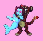2022 3_fingers 3_toes 4_toes affectionate anthro arm_tuft bent_arm black_body black_fur black_tail blue_body blue_eyes blue_fur blue_tail brown_hair chotpot circle_eyebrows colored digital_drawing_(artwork) digital_media_(artwork) duo english_description eyebrows eyelashes eyes_closed featureless_crotch feet felid fingers fur green_body green_eyebrows green_fur green_inner_ear green_tail hair half-closed_eyes handpaw happy hug hugging_another hugging_from_behind lifting_another light lighting long_hair male male_anthro mammal marine markings multicolored_body multicolored_fur multicolored_tail narrowed_eyes nude_anthro nude_male open_mouth open_smile pantherine paws pink_background pink_eyelids pink_tongue pinniped puru_(purutheseal) red_stripes seal shaded shoulder_tuft simple_background smile standing striped_body striped_fur striped_markings striped_tail stripes tail tail_markings tiger toes tongue tuft whiskers white_body white_eyebrows white_fur white_whiskers