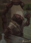 alchemist alchemy ambiguous_gender anthro apothecary arachnid arthropod bust_portrait clothing coat digital_drawing_(artwork) digital_media_(artwork) gaertan hi_res lab_coat looking_at_object portrait potion potion_bottle scorpion scorpion_tail solo topwear vial