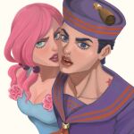  1boy 1girl atalajoestar birthmark black_hair blue_eyes blue_shirt breasts brown_lips cheek-to-cheek cleavage collarbone commentary dixie_cup_hat english_commentary flower green_eyes hair_bobbles hair_ornament hat heads_together higashikata_josuke_(jojolion) highres hirose_yasuho joestar_birthmark jojo_no_kimyou_na_bouken jojo_pose jojolion looking_at_viewer makeup medium_breasts military_hat multicolored_eyes pink_flower pink_hair pink_lips pink_rose purple_hat purple_sailor_collar purple_shirt rose sailor sailor_collar shirt teeth two-tone_eyes white_background 